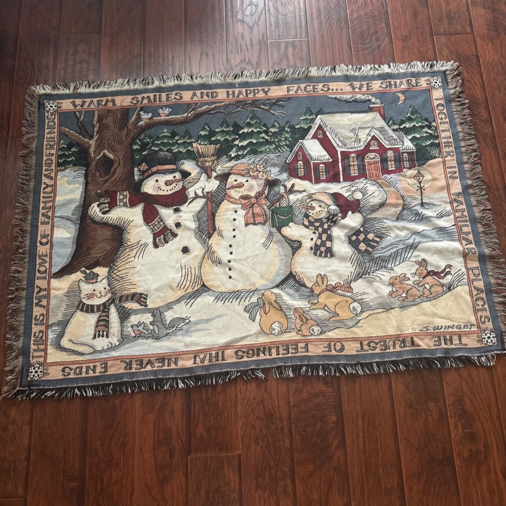 Vintage Christmas Snowman Tapestry Throw Blanket Susan Winget 46x65‎ Cotton USA